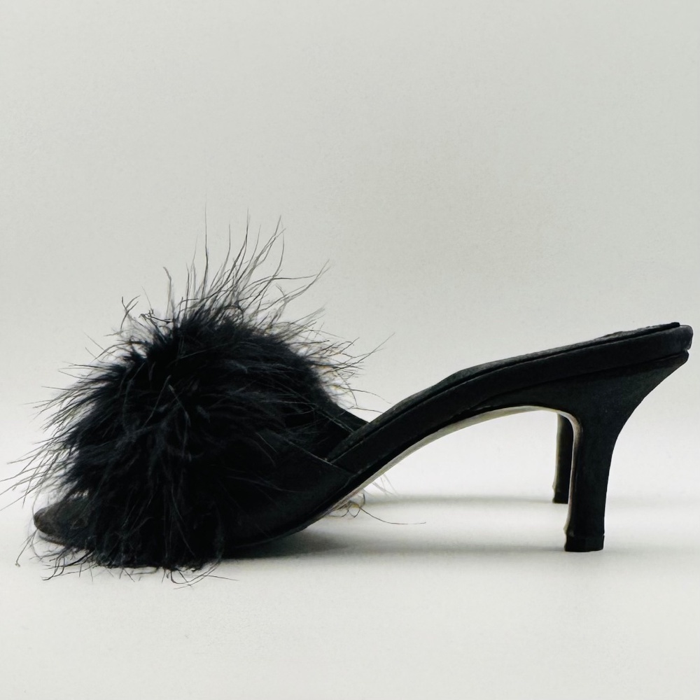 Black Feathered Satin Mules Sandals Size 6, Mantles Lingerie Dress Slippers